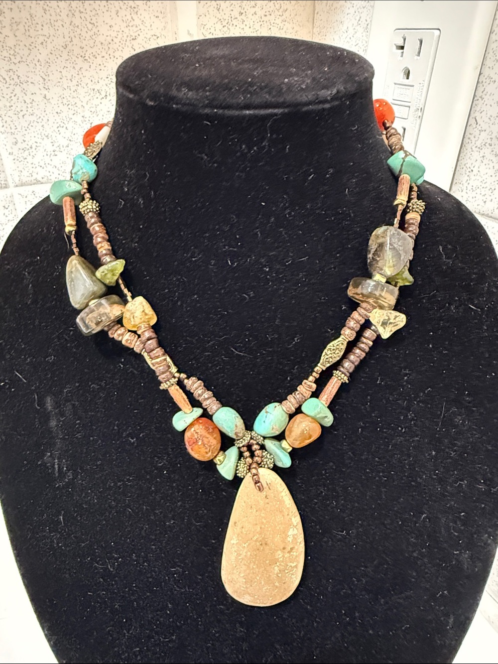 Turquoise, Brown & Orange Beaded Pendant Necklace
